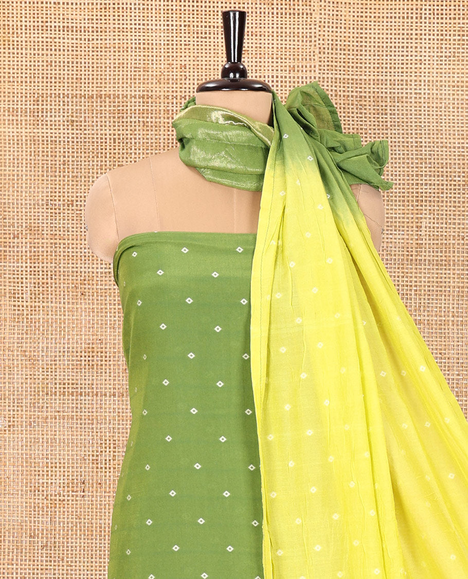 Green and Yellow Semi-Silk Material Churidar Set, Subtly Made with Bandhani Dots Print, Comes with a Plain Santoon Bottom, and Paired with a Double-Colored Dupatta of Bandhani Dots Print