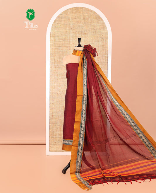 Maroon Mercerised Cotton Material Churidar Set, Subtly Woven Plain with Contrast Traditional Elephant Motif Bordered Top, a Plain Santoon Bottom, and Paired with a Mercerised Cotton Dupatta