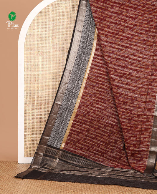 Maroon checked chanderi cotton saree printed with pine-tree motifs,contrast traditional zari border & zari checked pallu