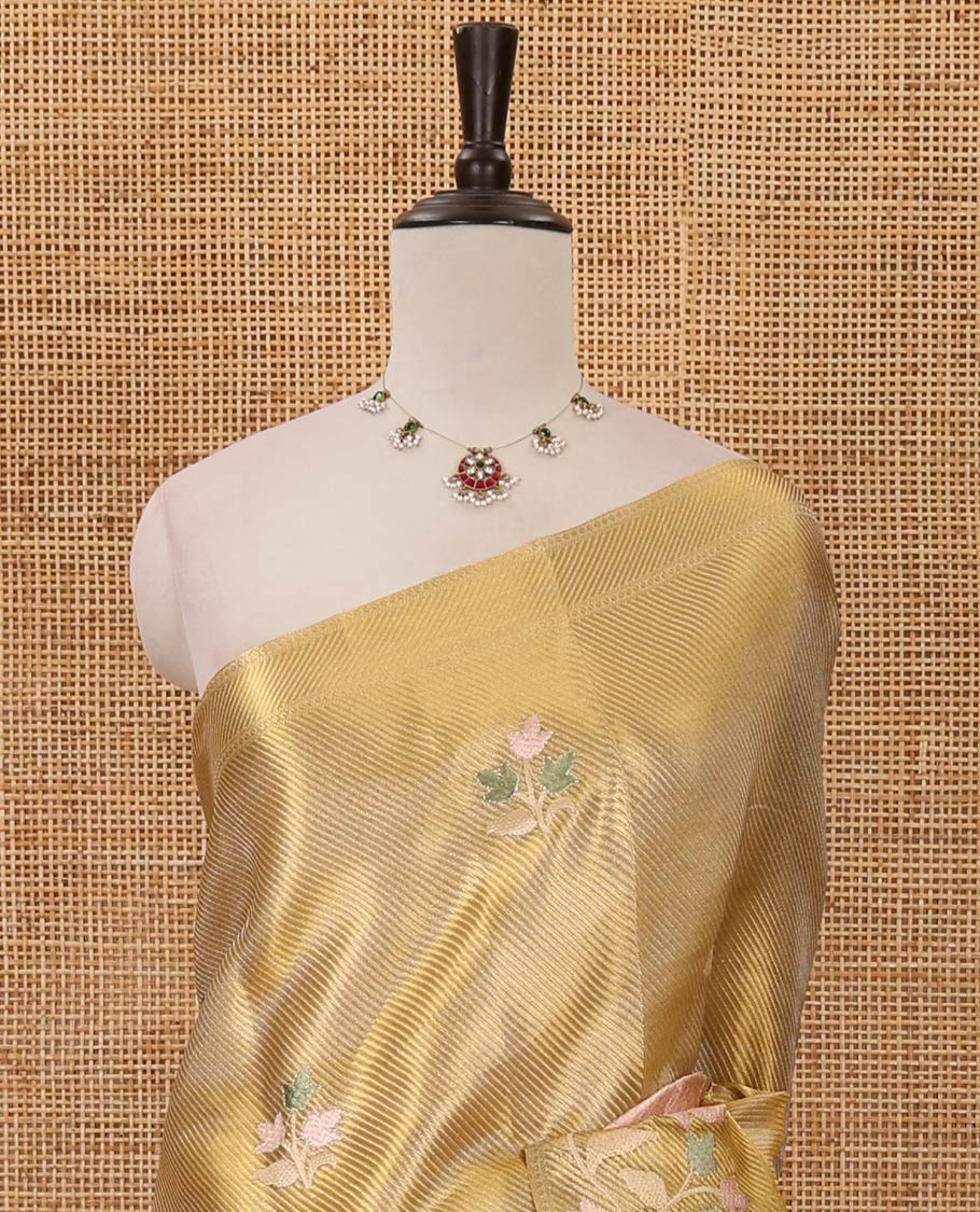 Golden floral thread embroidery celebrity tissue saree, floral vine multi-color thread embroidered border & embroidery pallu