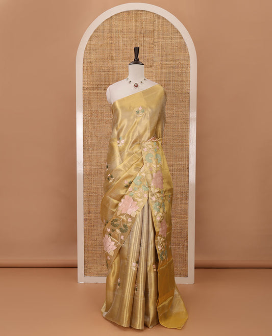 Golden floral thread embroidery celebrity tissue saree, floral vine multi-color thread embroidered border & embroidery pallu