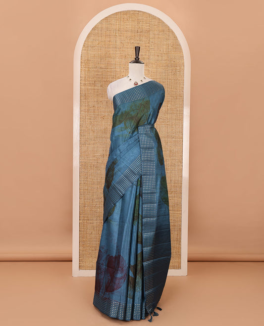 Peacock green leaf motifs eco-digital printed fancy tussar saree, zari border, pallu of dobby-style buttas & matching zari design blouse