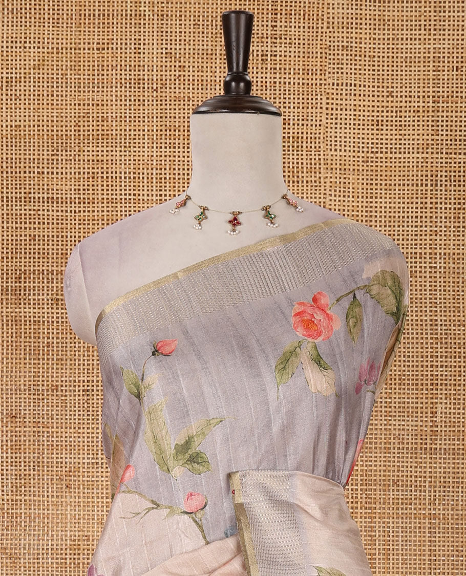Grey floral-leaf printed fancy tussar silk saree, zari woven border & zari striped pallu & matching stripes & floral printed blouse
