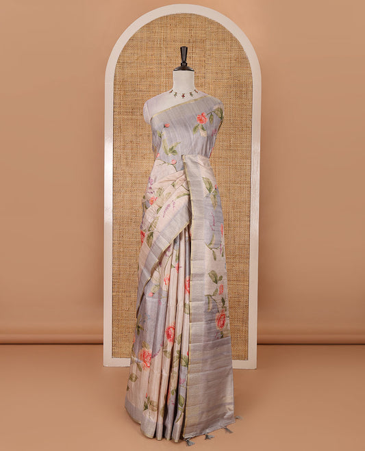 Grey floral-leaf printed fancy tussar silk saree, zari woven border & zari striped pallu & matching stripes & floral printed blouse