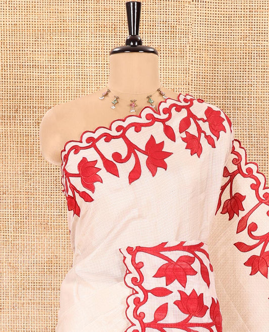 Cream and Red Plain Fancy Kota Silk Saree Simply Sparkled with Lotus Floral Applique Embroidered Scallop Border, Lotus Motifs Applique Embroidered Pallu, and a Contrast Plain Blouse