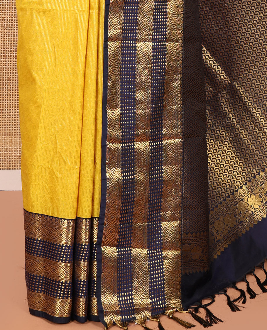 Yellow Kanchipuram Budget Silk Saree, Subtly Sparkled with Geometric Jacquard All Over Its Body, Complemented by a Contrast Traditional Zari Border of Diamond Designs, Grand Jaal Pallu, and Paired with a Contrast Blouse