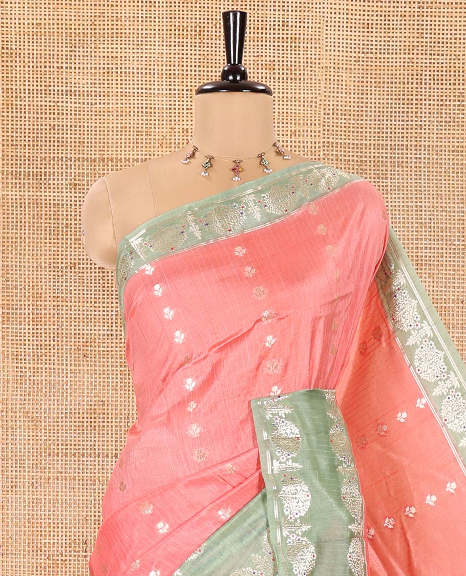 Peach-Colored Green Mango-Silk Saree, Enthralled with Floral Zari Buttas All Over Its Body, Complemented by a Contrast Meenakari-Zari Floral Design Border, Pallu of Floral Jaal Designs, and Paired with a Contrast Blouse