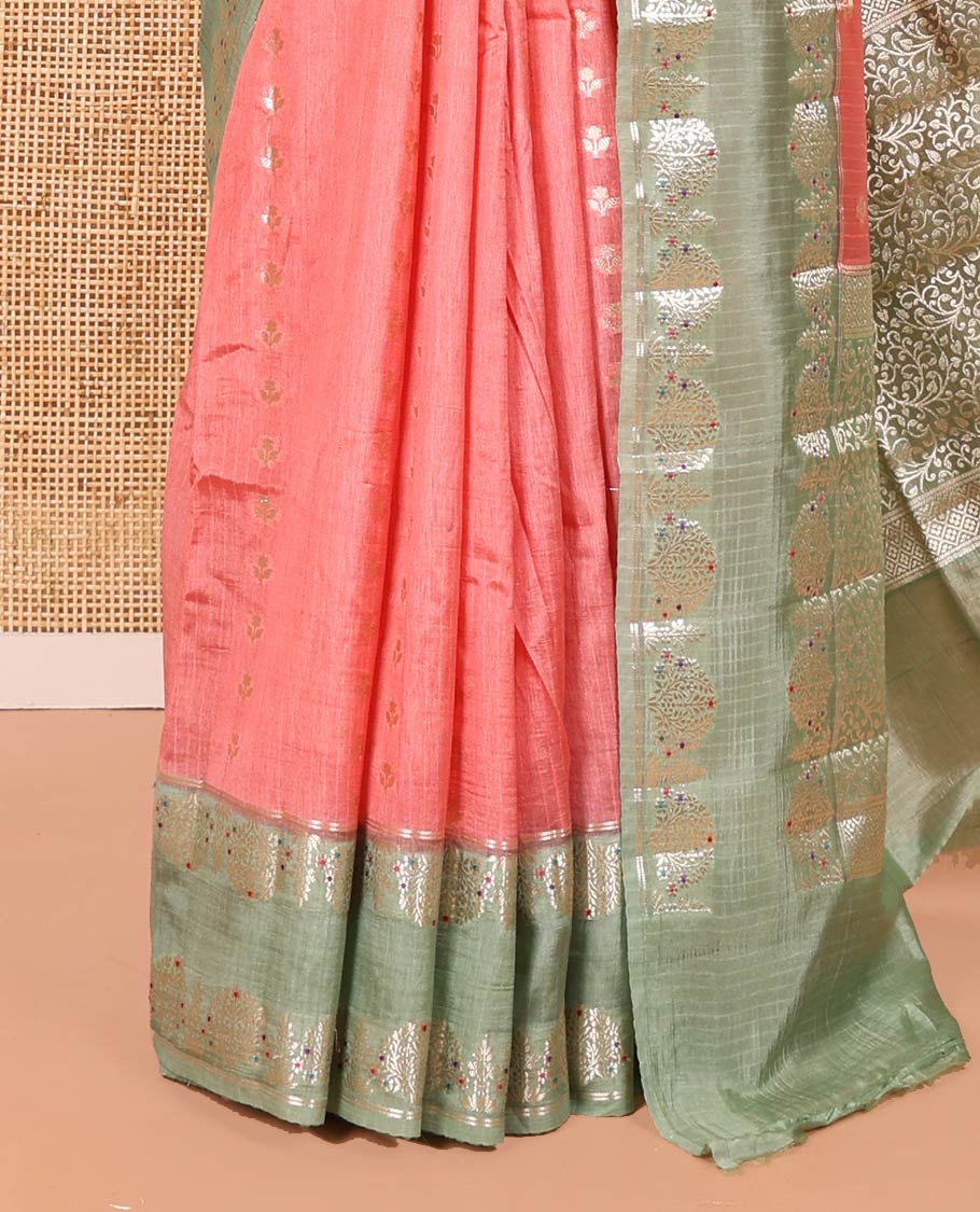 Peach-Colored Green Mango-Silk Saree, Enthralled with Floral Zari Buttas All Over Its Body, Complemented by a Contrast Meenakari-Zari Floral Design Border, Pallu of Floral Jaal Designs, and Paired with a Contrast Blouse