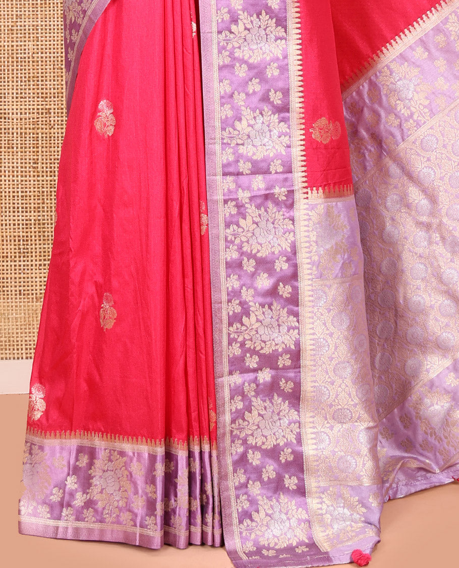 Rani Pink Fancy Raw Silk Saree, Adorned with Floral Zari Buttas, a Contrast Floral Temple Border, Intricate Pallu, and a Contrast Blouse