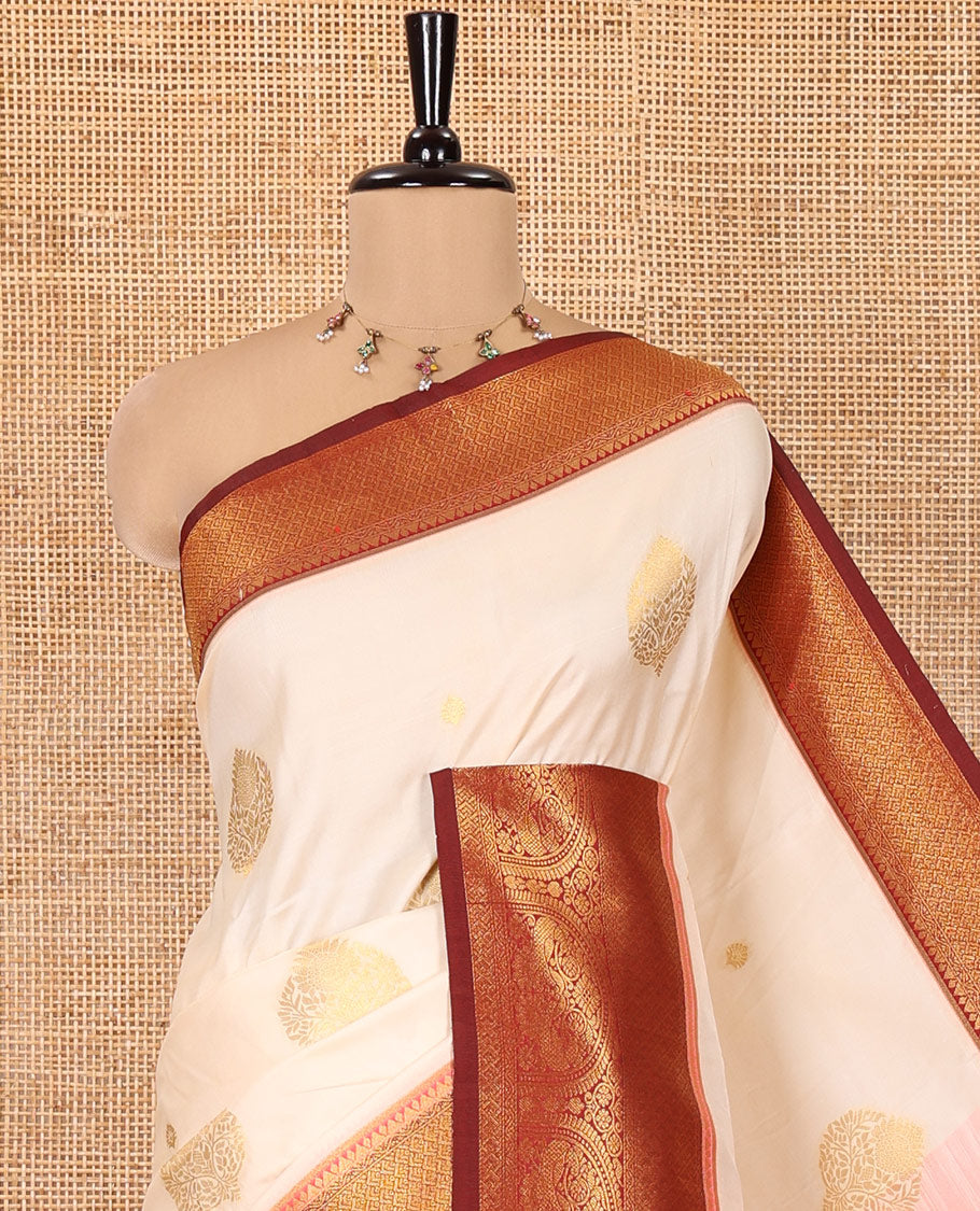 Off-White Art Silk Saree, Entralled with Zari Buttas, Contrast Traditional Border, Grand Pallu and Matching Blouse