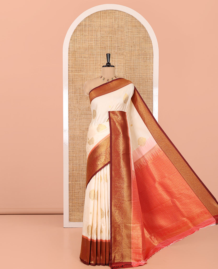 Off-White Art Silk Saree, Entralled with Zari Buttas, Contrast Traditional Border, Grand Pallu and Matching Blouse