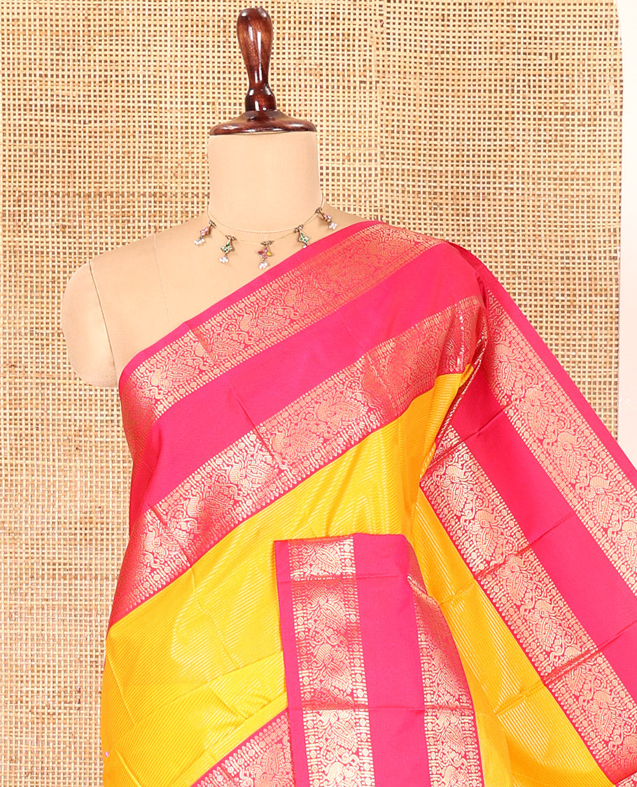 Yellow-Pink Budget Silk Saree, Accentuated with Zari Stripes, Contrast Rettai Pettu Peacock Border, Grand Pallu, and a Contrast Blouse