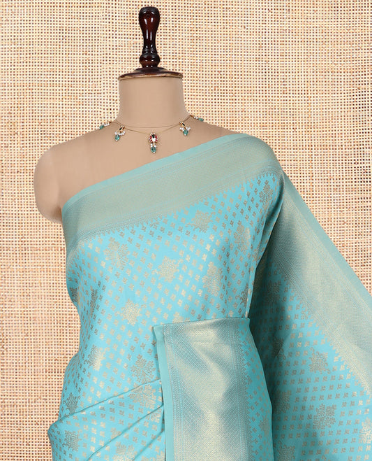 Sky Blue Semi-Silk Saree, Enriched with Jacquard Design, a Traditional Zari Border, Grand Pallu, and a Matching Blouse-Trisha-Inspired