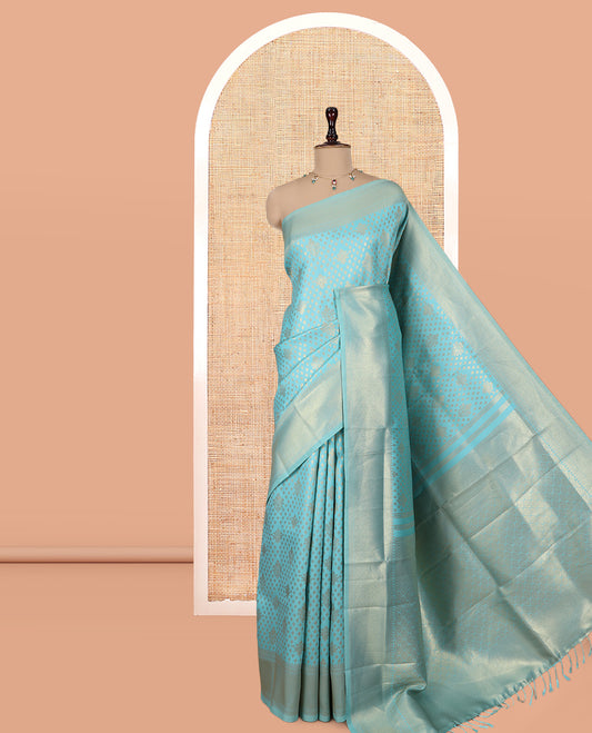 Sky Blue Semi-Silk Saree, Enriched with Jacquard Design, a Traditional Zari Border, Grand Pallu, and a Matching Blouse-Trisha-Inspired
