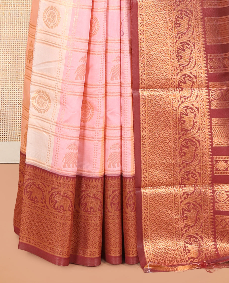 Multi-Color Zari Butta Enclosed Checks Litchi Saree, Adorned with Contrast Traditional Border and Blouse