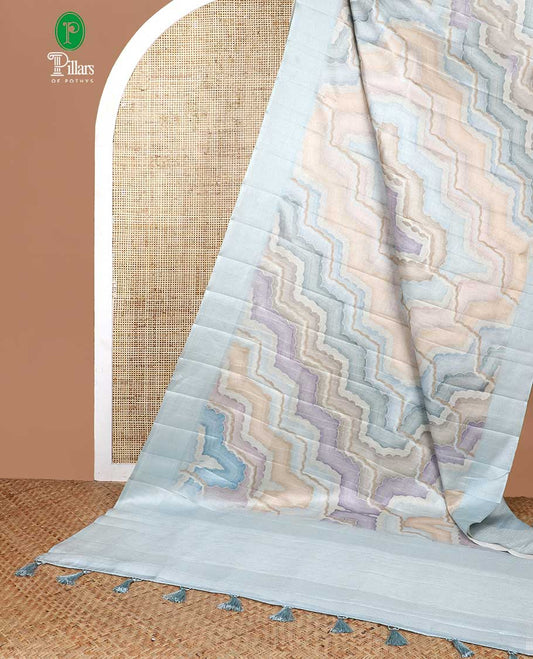 Light blue rangkat digital print design tussar silk saree with resam border & resam pallu along with plain blouse