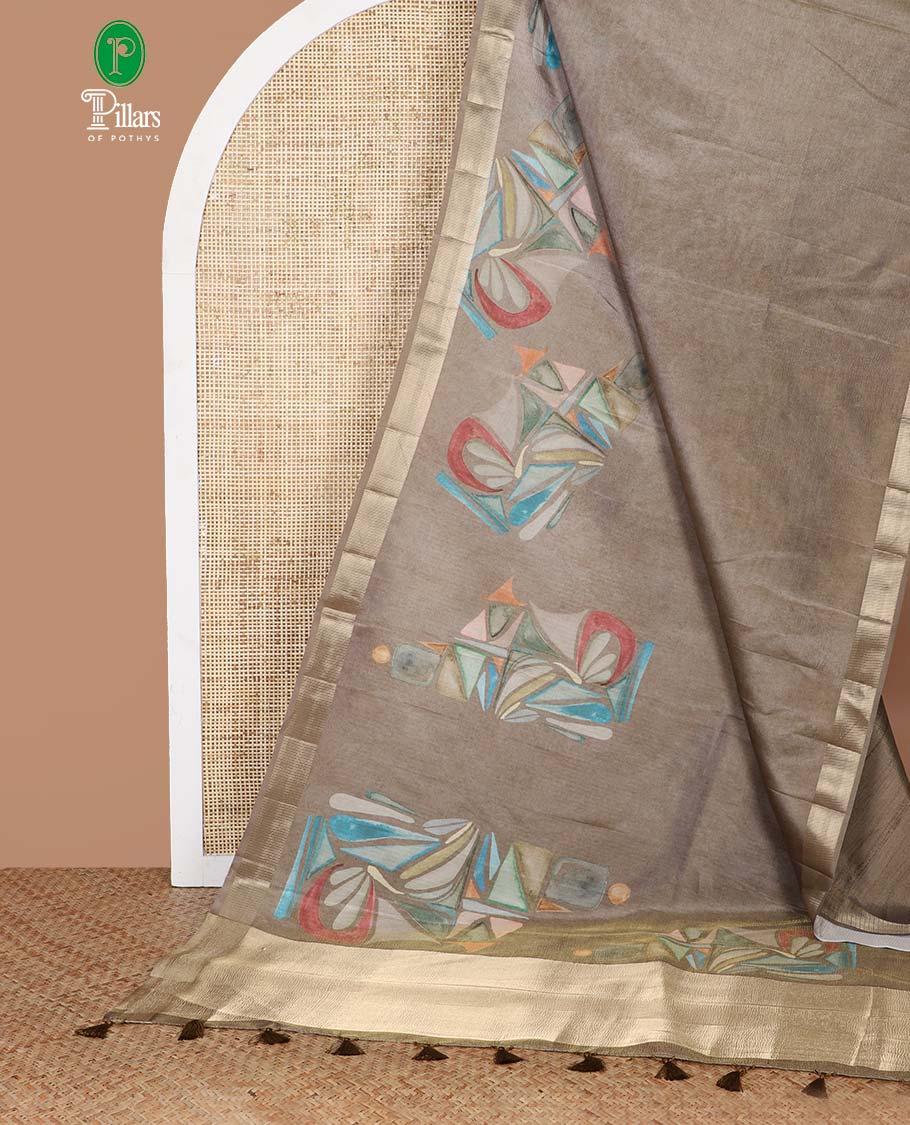 Mustard gold geometric print crush tissue saree with zari border & tissue pallu along with plain blouse