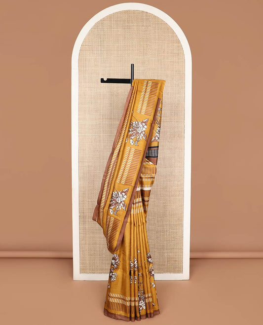 Mustard floral, geometric design printed silk saree with contrast border