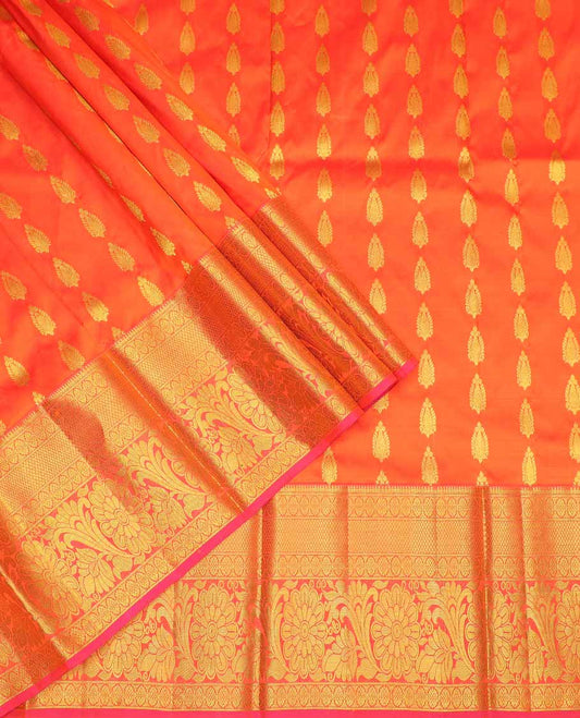 orange buttas silk half saree with contrast border of thilakam mokku, banaras, poo chkram, design, zari design blouse & zari design border dhavani