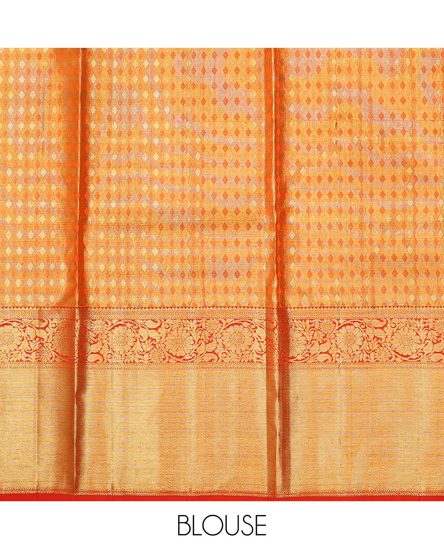 Gold pure-silk half saree, jacquard skirt, contrast border & blouse of rekku,muthu,neli & kodi visiry motifs & intricate dhavani