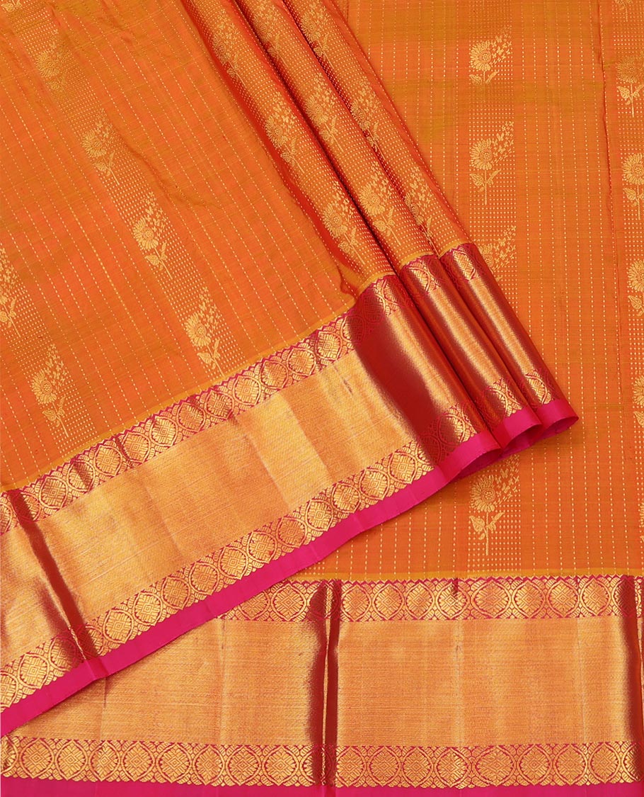 Orange Pure Silk Half-Saree, Woven with Zari Designs All Over Its Skirt, Complemented by Contrast Laddu Kamalam Border, Paired with a Contrast Blouse, and Comes with a Floral Design Dhavani