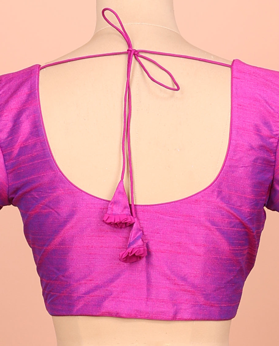 Pink Plain Readymade Blouse Featuring a Front Round-Neck, Back Round-Neck, and Half-Sleeve