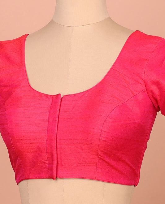 Pink plain front-back round-neck elbow sleeve readymade blouse