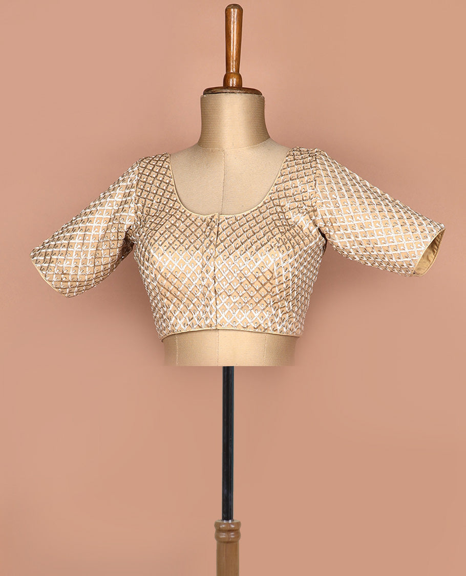 Sandal thread and sequins argyle design embroidered round neck elbow sleeve raw silk readymade blouse