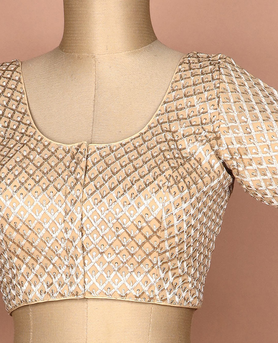 Sandal thread and sequins argyle design embroidered round neck elbow sleeve raw silk readymade blouse