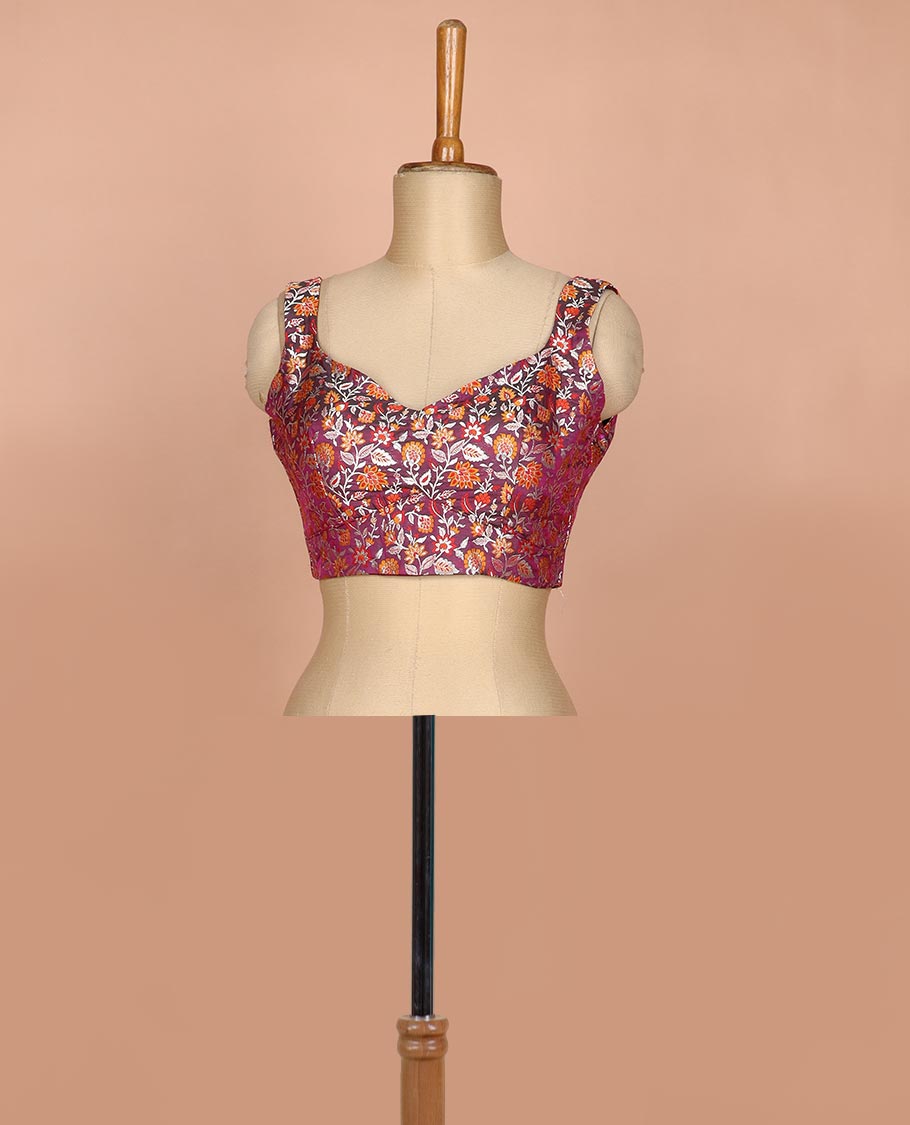 Maroon dual-toned floral jaal jacquard sweet-heart neck thick strapped sleeveless banarasi readymade blouse