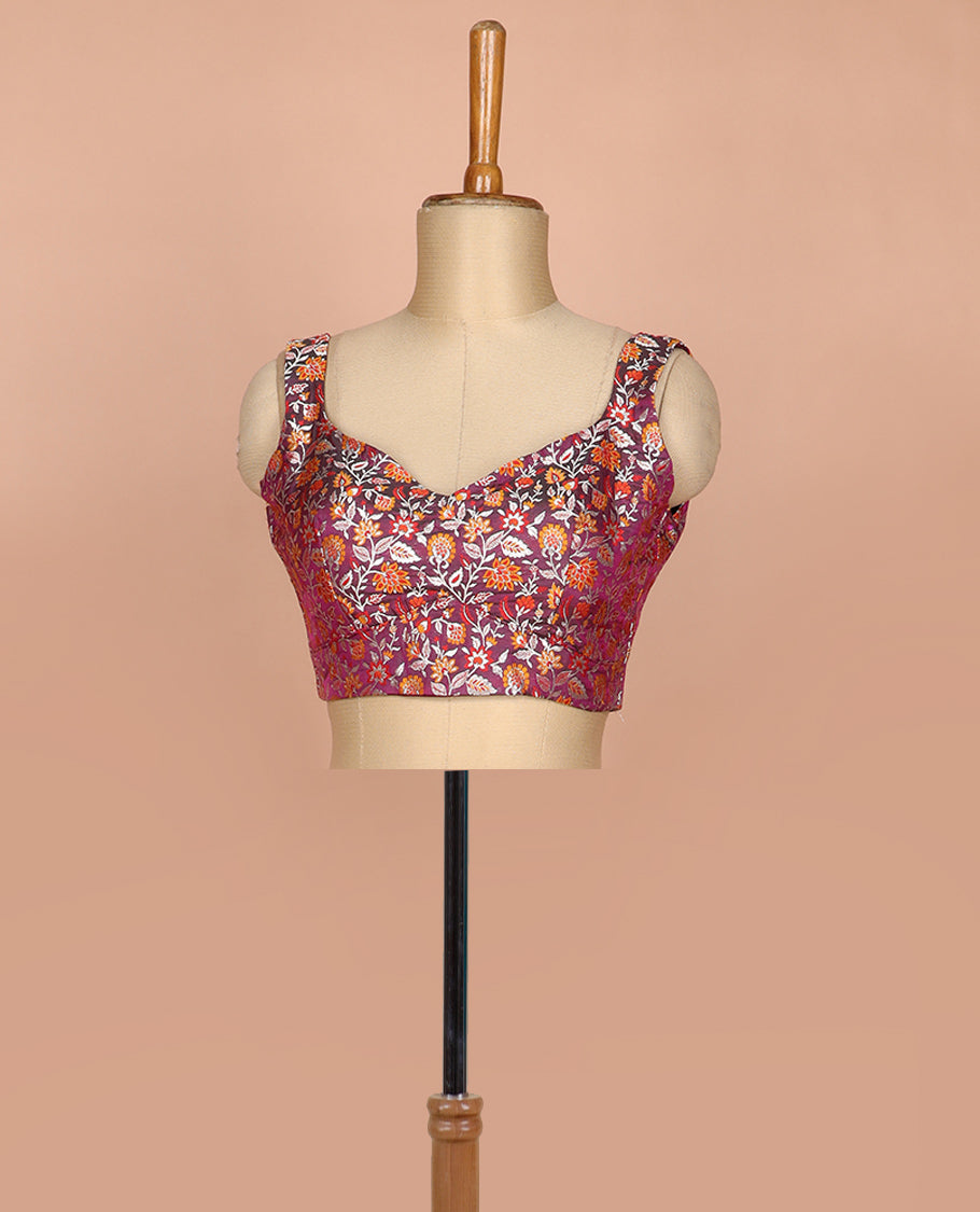 Maroon dual-toned floral jaal jacquard sweet-heart neck thick strapped sleeveless banarasi readymade blouse