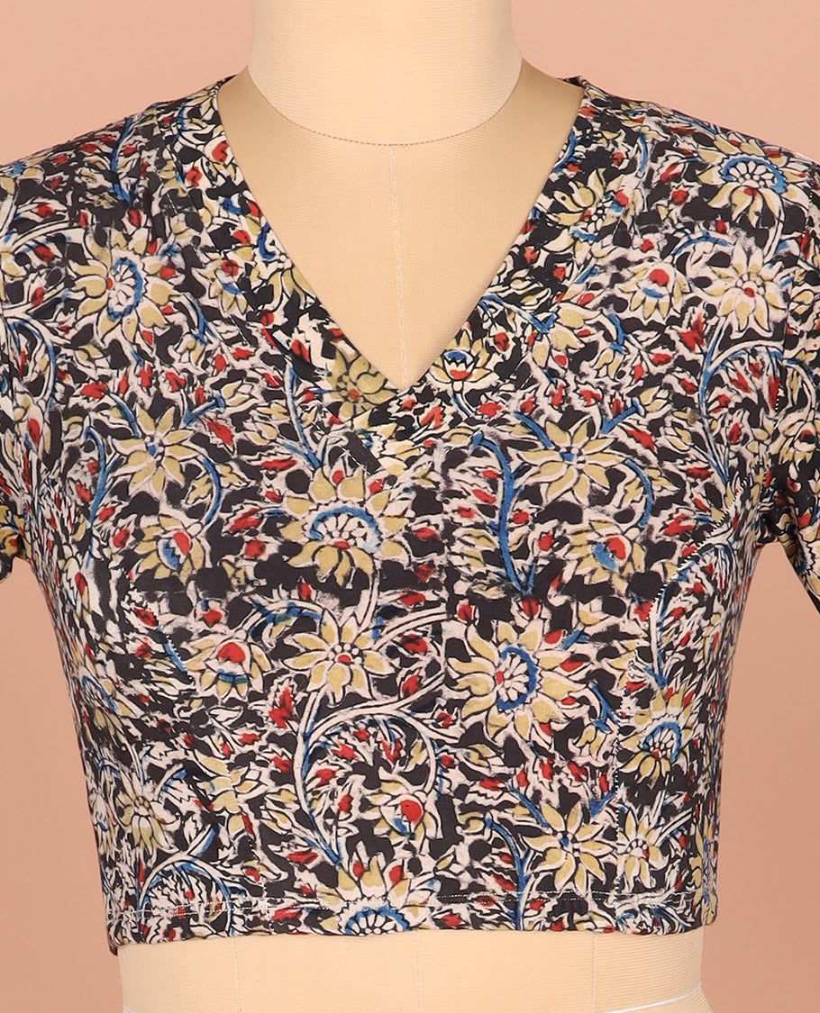 Black-base Readymade Blouse Detailed with Floral Vine, Featuring a Front V-Neck, a Back Closed Neck, and Full Sleeves