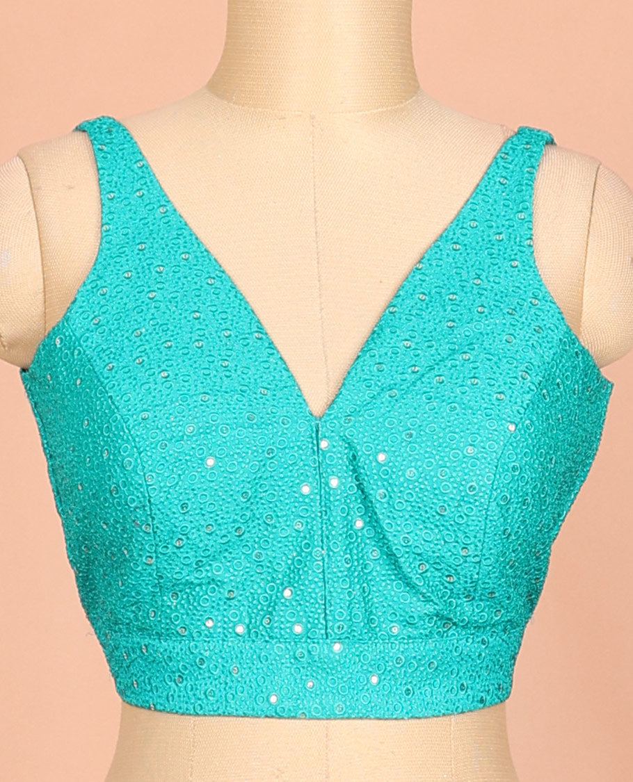 Turquoise embossed thread embroidery & sequins work sleeveless readymade blouse with deep-V front neck & round back neck