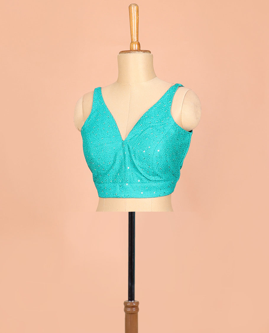 Turquoise embossed thread embroidery & sequins work sleeveless readymade blouse with deep-V front neck & round back neck