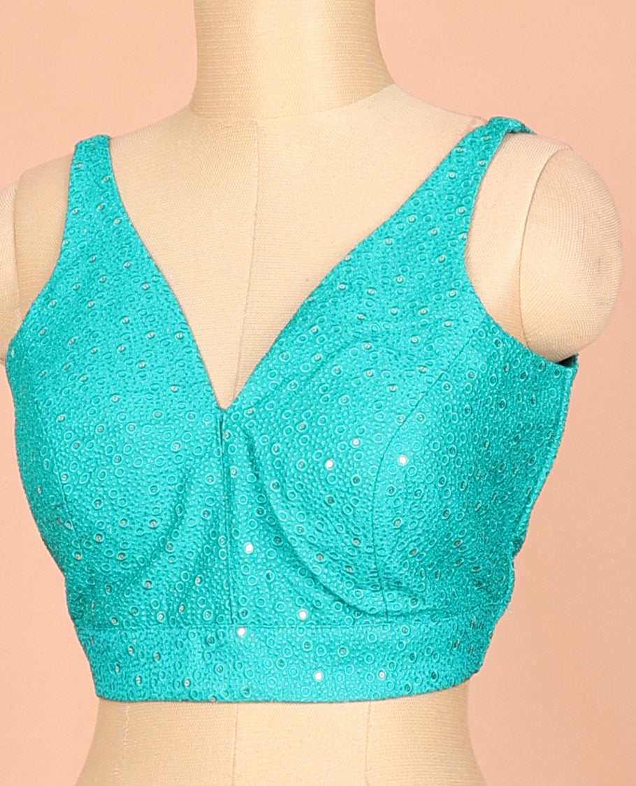 Turquoise embossed thread embroidery & sequins work sleeveless readymade blouse with deep-V front neck & round back neck