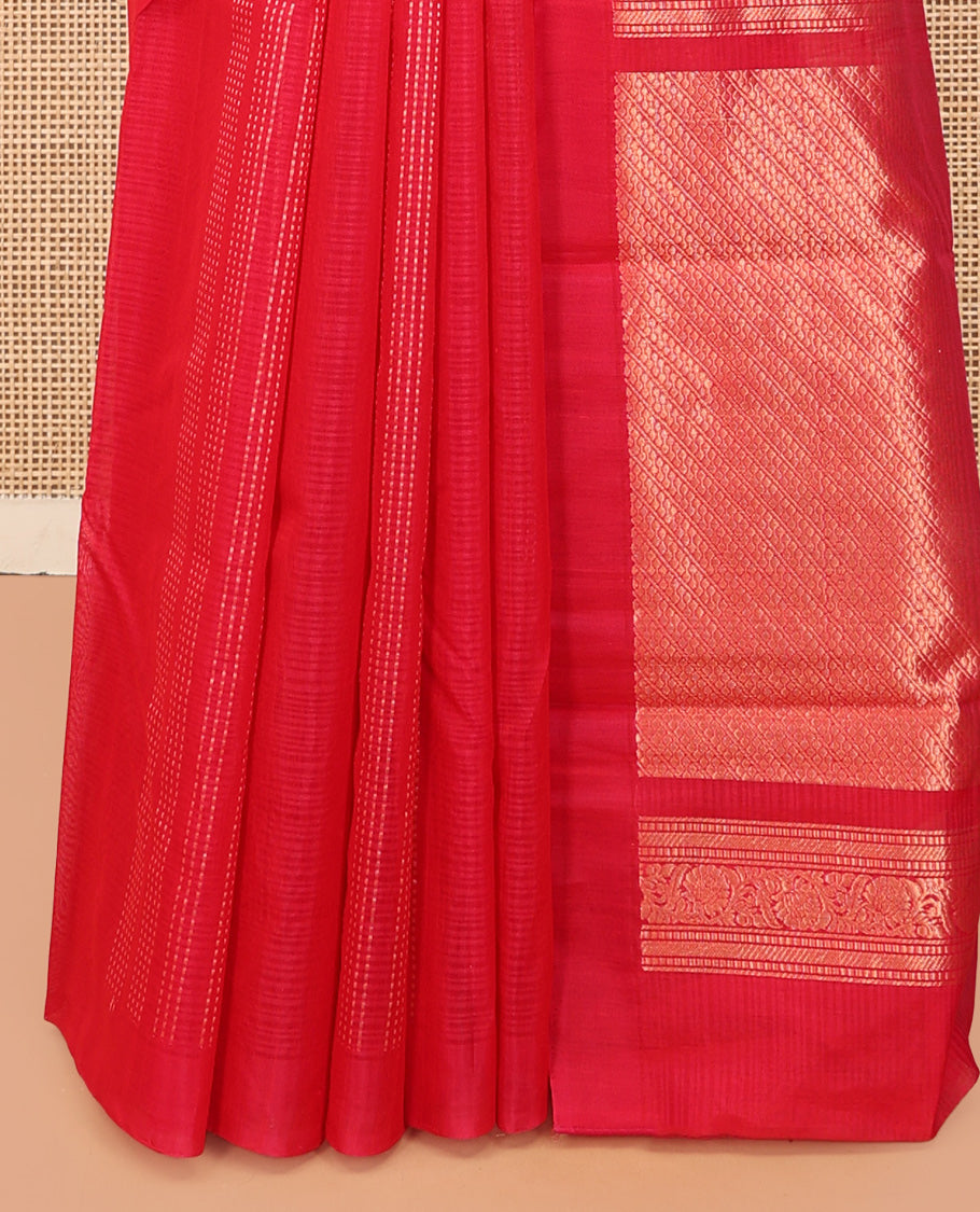 Borderless Red Silk Cotton Saree, Detailed with Zari Buttas and Stripes, Grand Pallu, and a Matching Blouse