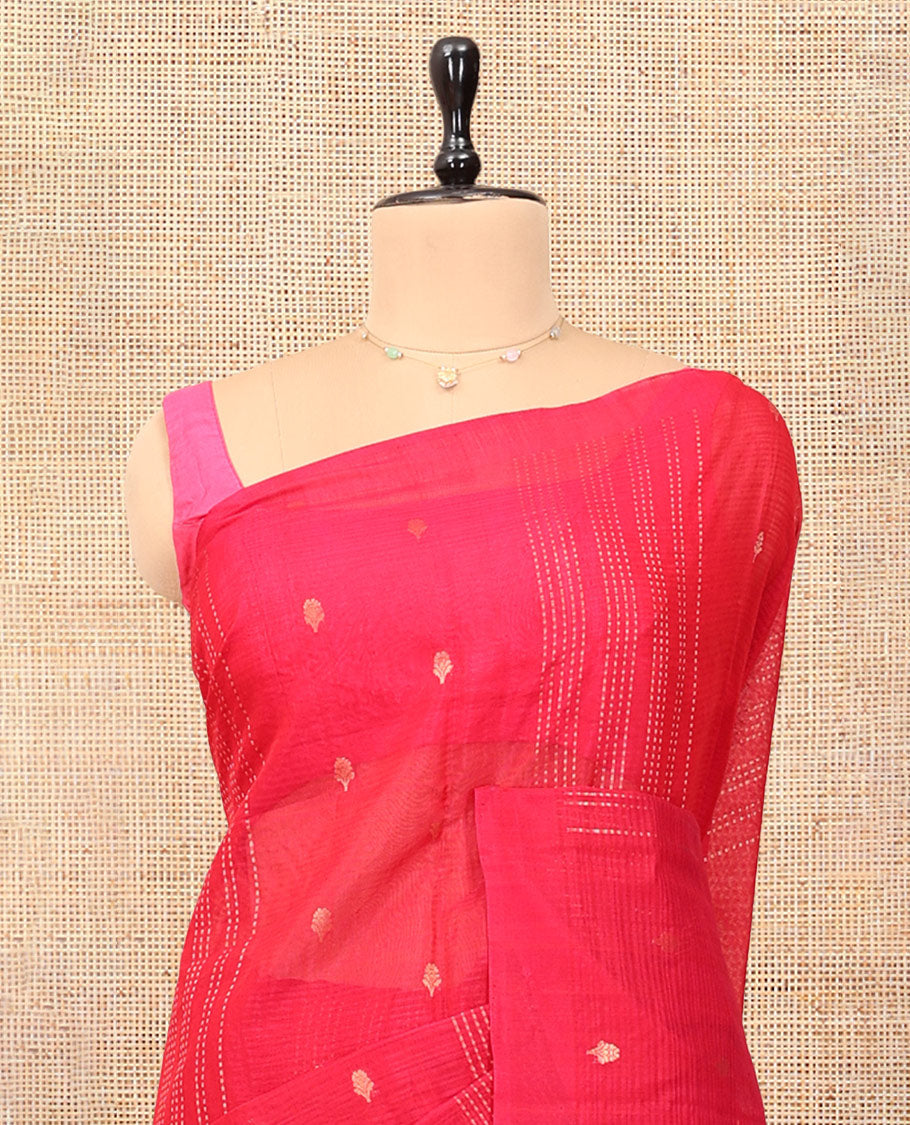 Borderless Red Silk Cotton Saree, Detailed with Zari Buttas and Stripes, Grand Pallu, and a Matching Blouse