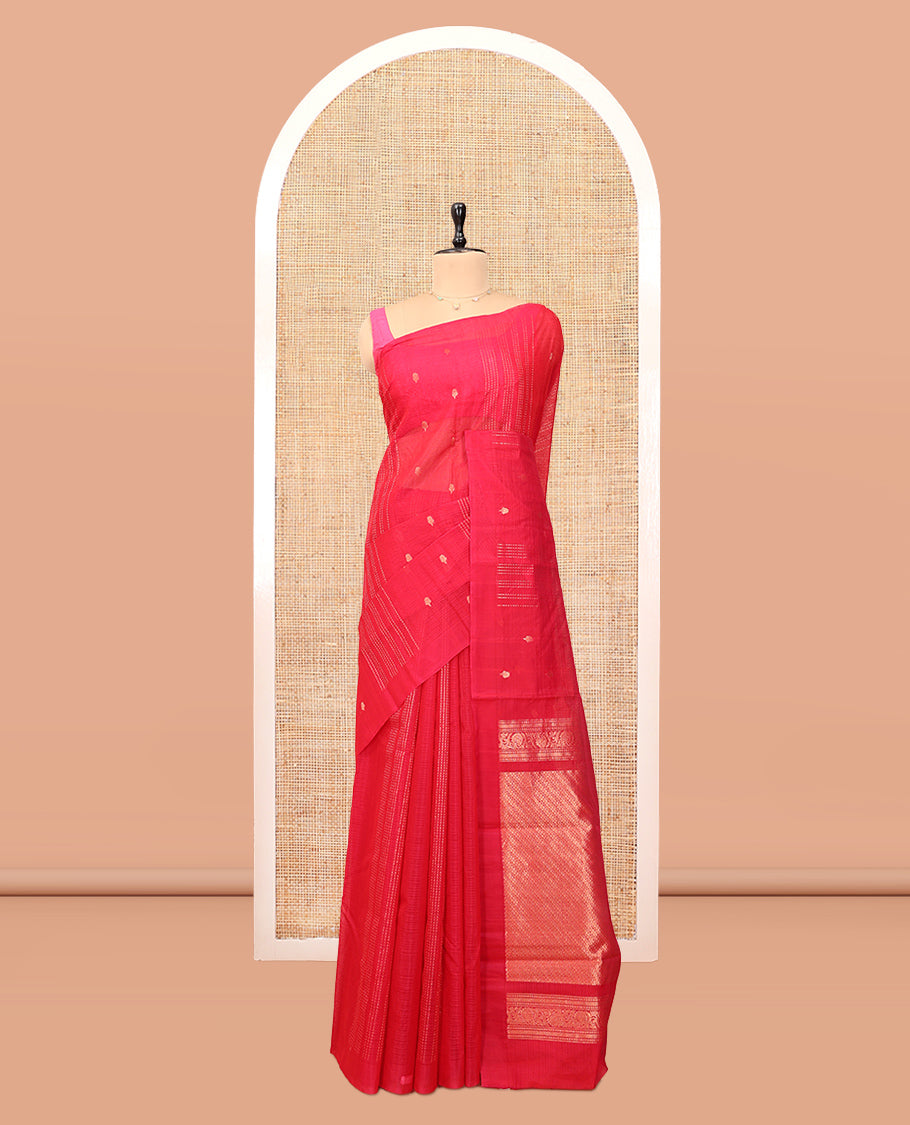 Borderless Red Silk Cotton Saree, Detailed with Zari Buttas and Stripes, Grand Pallu, and a Matching Blouse