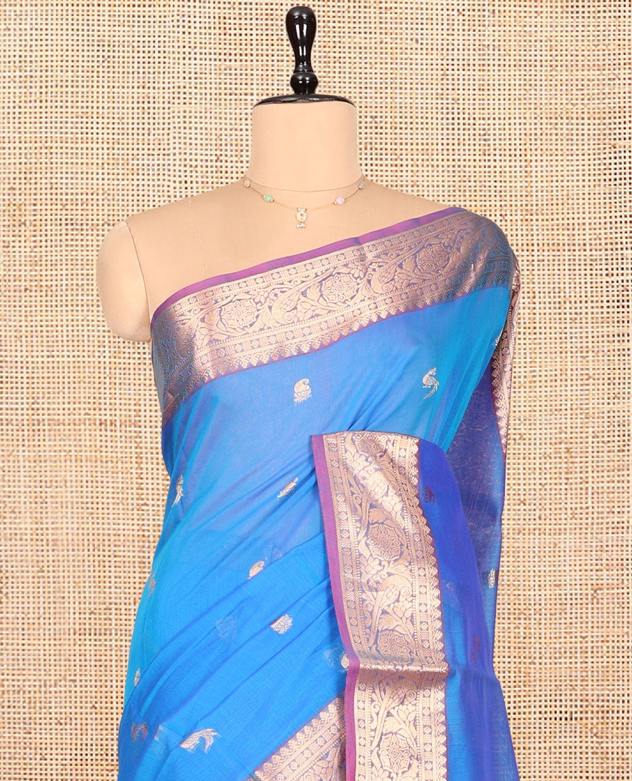 Blue Silk Cotton Saree, Elevated with Buttas, Complemented by Contrast Floral Creeper Border, Pallu of Intricate Designs, and Contrast Blouse