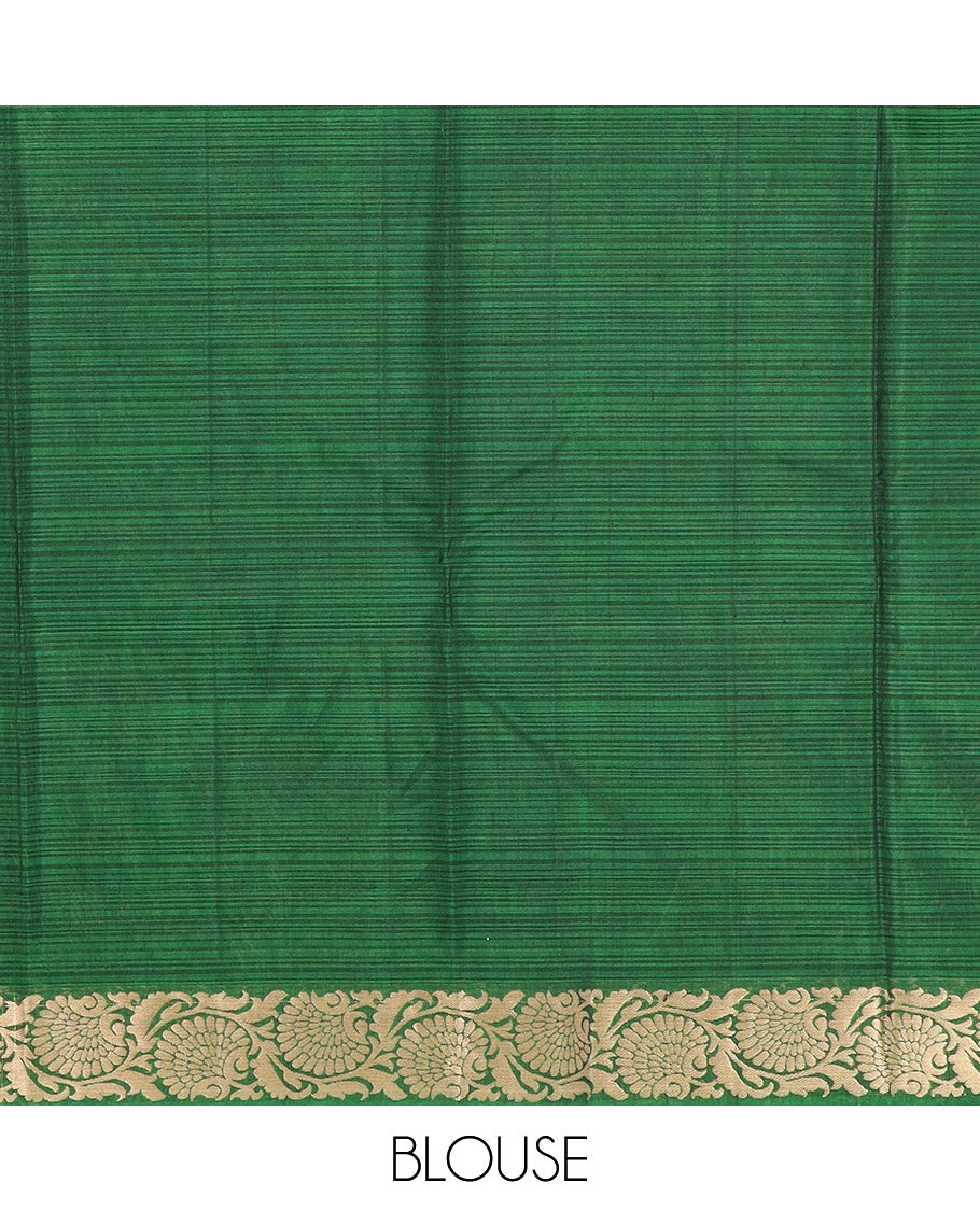 Green Silk Cotton Saree Detailed with Buttas All Over the Body, Complemented by a Contrast Floral Creeper Zari Border, Featuring a Contrast Pallu of Floral Zari Designs, and Paired with a Contrast Blouse