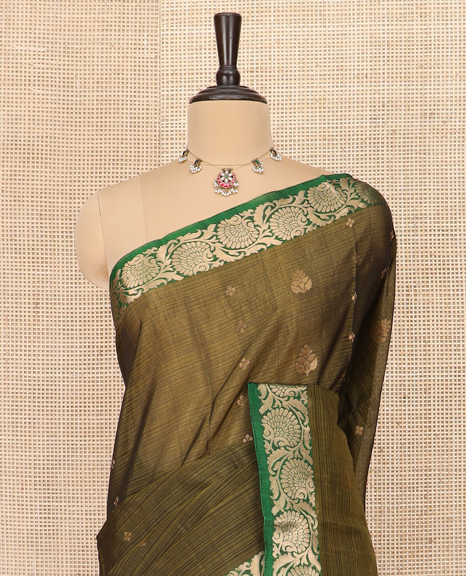 Green Silk Cotton Saree Detailed with Buttas All Over the Body, Complemented by a Contrast Floral Creeper Zari Border, Featuring a Contrast Pallu of Floral Zari Designs, and Paired with a Contrast Blouse