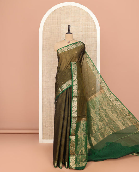 Green Silk Cotton Saree Detailed with Buttas All Over the Body, Complemented by a Contrast Floral Creeper Zari Border, Featuring a Contrast Pallu of Floral Zari Designs, and Paired with a Contrast Blouse