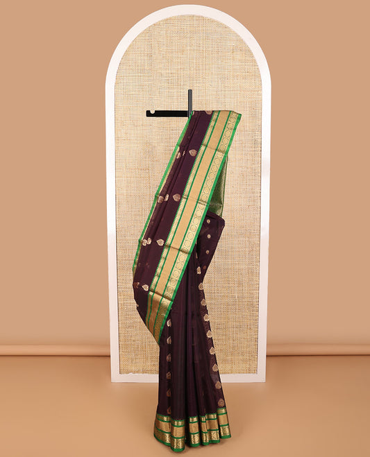 Brown leaf design silk cotton saree with contrast traditional zari border & jaal design pallu