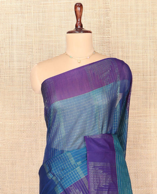 Blue Silk Cotton Saree, Enriched with Stripes and Checks, Complemented by a Contrast Temple Border, Intricately Designed Pallu, and a Contrast Blouse
