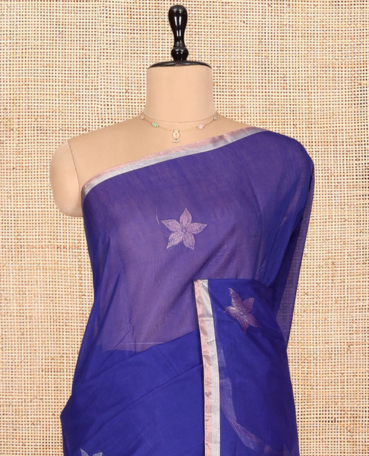 Blue Silk Cotton Saree, Woven with Floral Zari Buttas, Zari Striped Border, Contrast Geometric Patterned Pallu, and a Contrast Blouse