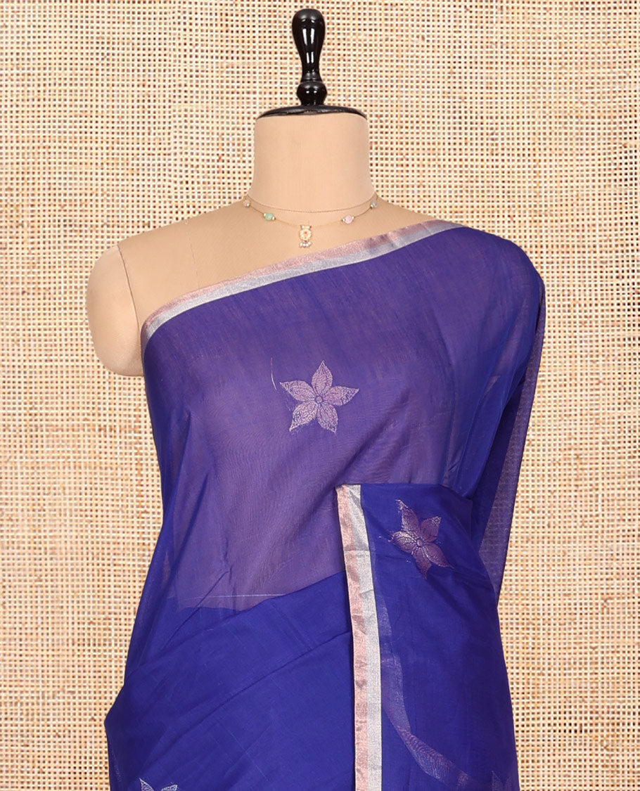 Blue Silk Cotton Saree, Woven with Floral Zari Buttas, Zari Striped Border, Contrast Geometric Patterned Pallu, and a Contrast Blouse