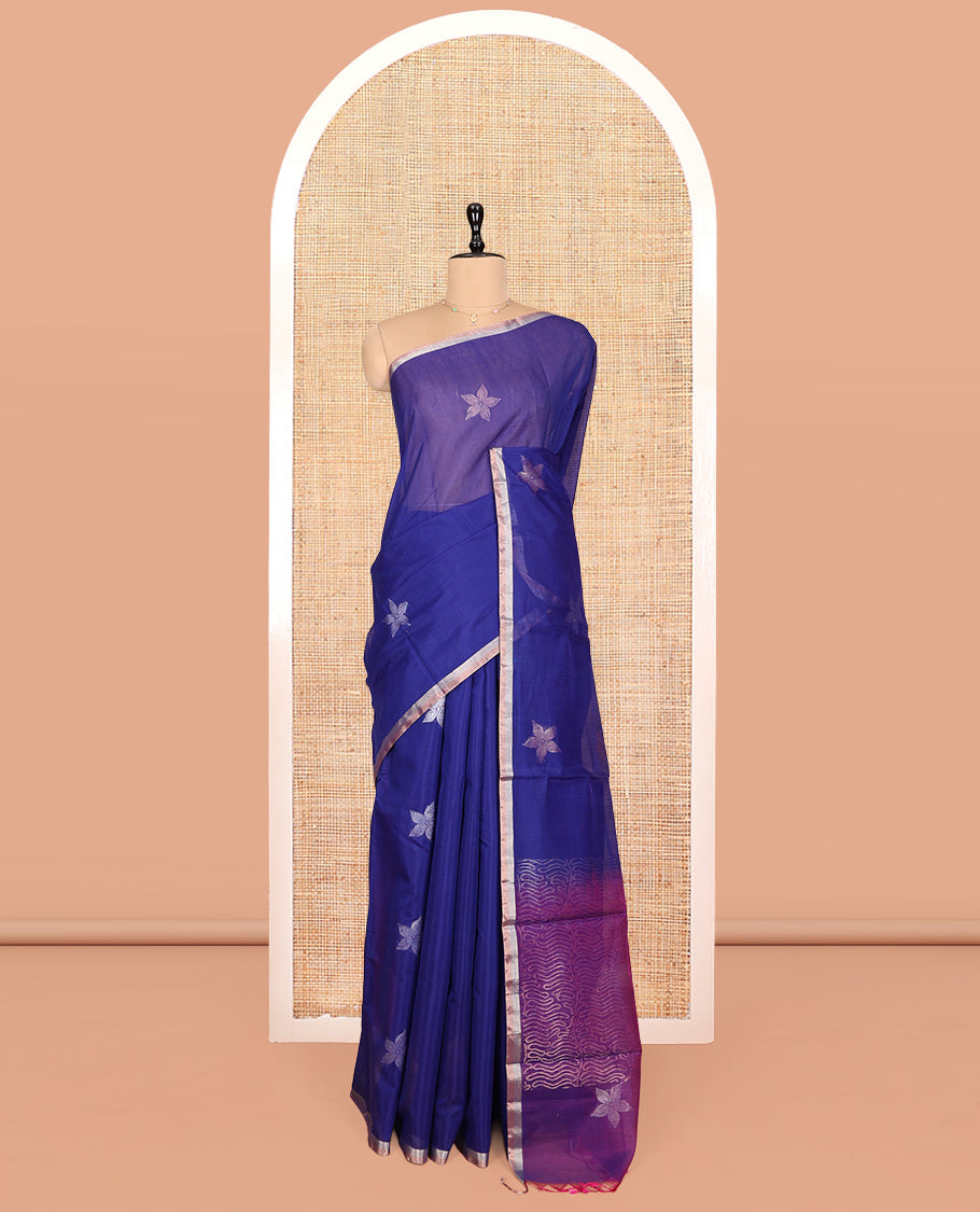 Blue Silk Cotton Saree, Woven with Floral Zari Buttas, Zari Striped Border, Contrast Geometric Patterned Pallu, and a Contrast Blouse