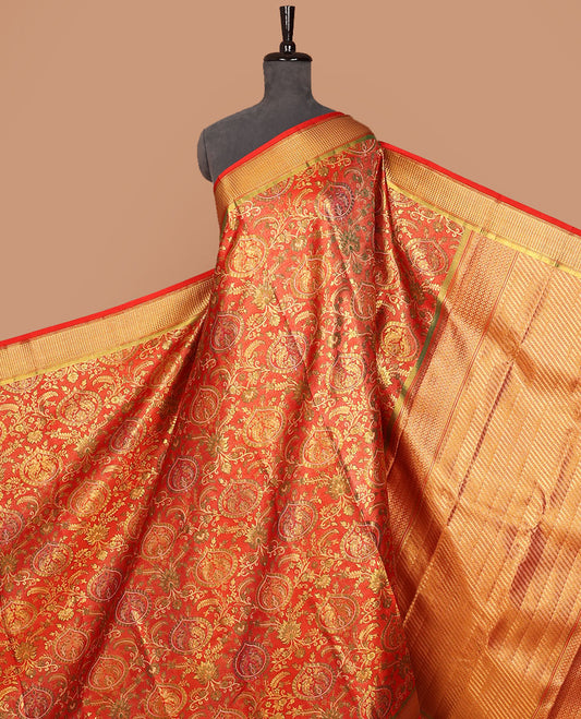 Red meenakari zari jacquard silk saree, zari border of muthu & kuyil kann designs & geometric patterned pallu