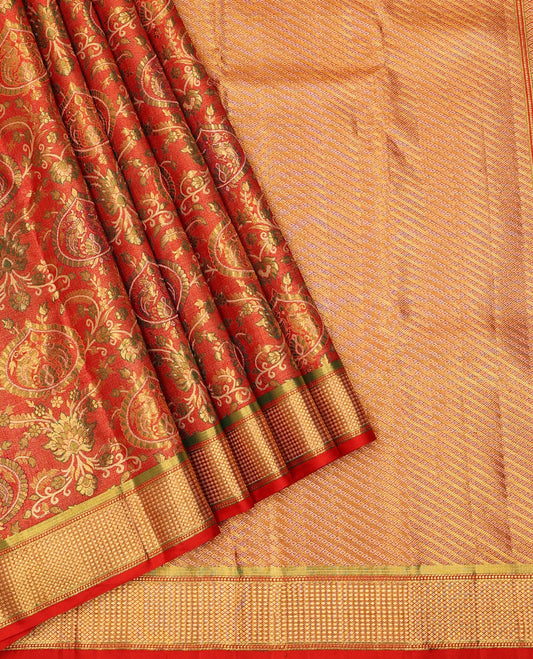 Red meenakari zari jacquard silk saree, zari border of muthu & kuyil kann designs & geometric patterned pallu