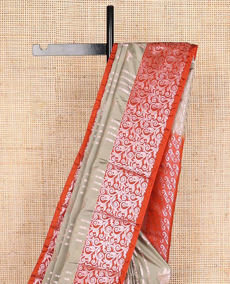 Grey striped floral design soft silk saree with contrast zari design border & floral jaal design pallu